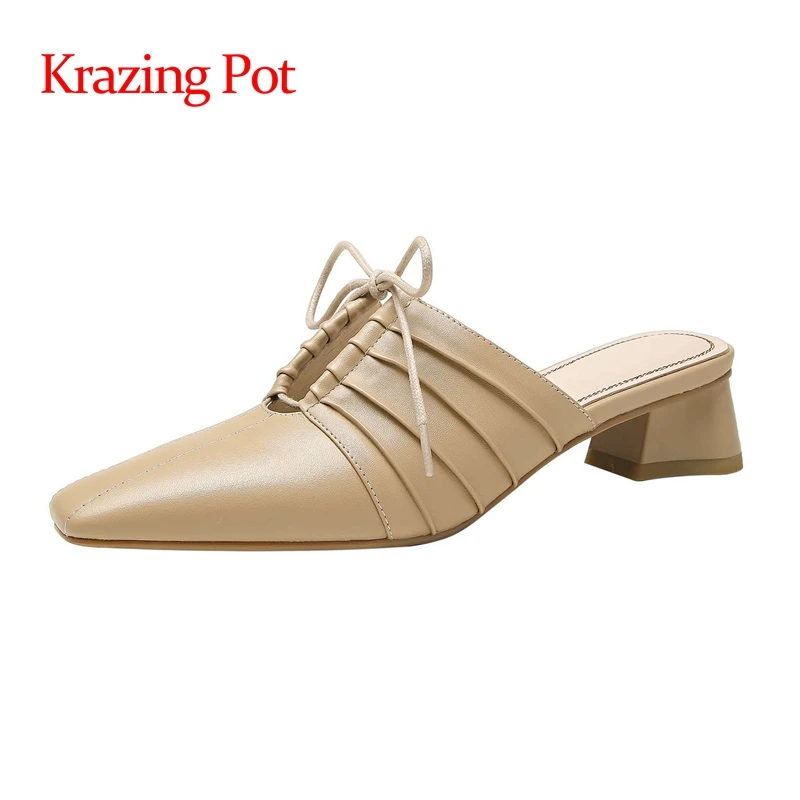 

Krazing Pot genuine leather square toe med heel slip on mules pleated young lady streetwear fashion solid basic women pumps L37