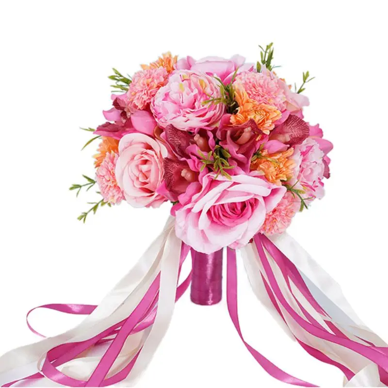 

Wedding Bridal Bouquet Artificial Rose Fake Chrysanthemum Orchid Holding Flowers with Long Ribbon Party Decoration