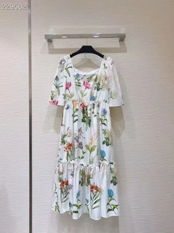 

Runway Designer Woman Midi Dress Autumn Women's Elegant Short Sleeve Square Collar Flowers Print Vintage Dresses