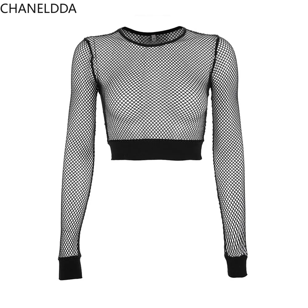 

Summer 2021 Long Sleeve Women Tees Casual DE Gothic Punk Mesh Sexy Black O-Neck T-Shirt Goth Fashion Lady Streetwear Black Top
