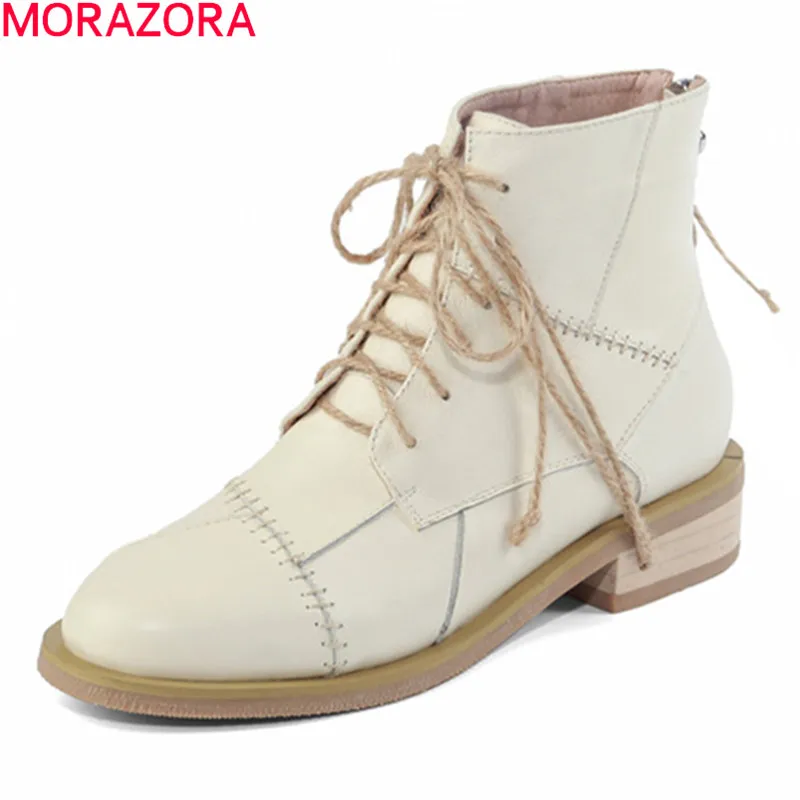 

MORAZORA 2021 New arrival ankle boots genuine leather boots low heel round toe lace up autumn winter women boots black apricot