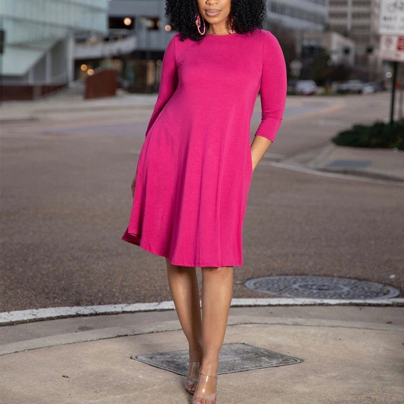 

Casual Solid Long Sleeve O neck Dress Pocket Design Loose Fall Dress