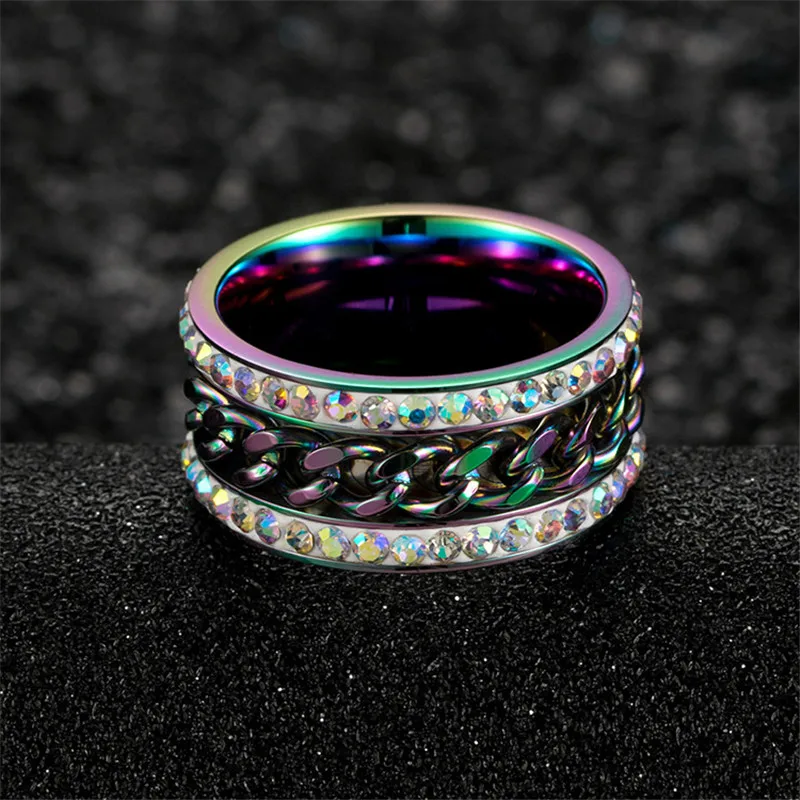

Punk Rock Black Stainless Steel Rings For Men Party Accessories, Hiphop Rhinestone Rotatable Chain Ring Man Male Jewelry 2021