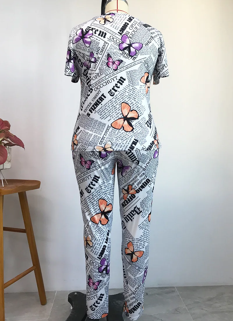 

Summer Fashion Style African Women Short Sleeve Printing Two Pieces Sets Top and Pant Women Suit