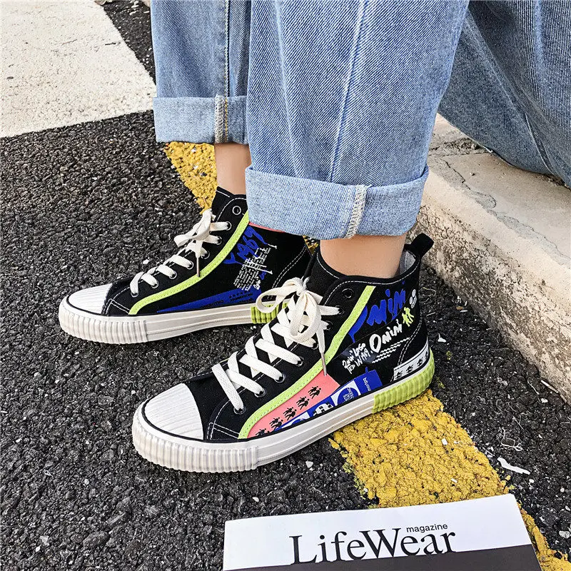 Брендовые высокие холщовые кроссовки в Корейском стиле с принтом букв мужские