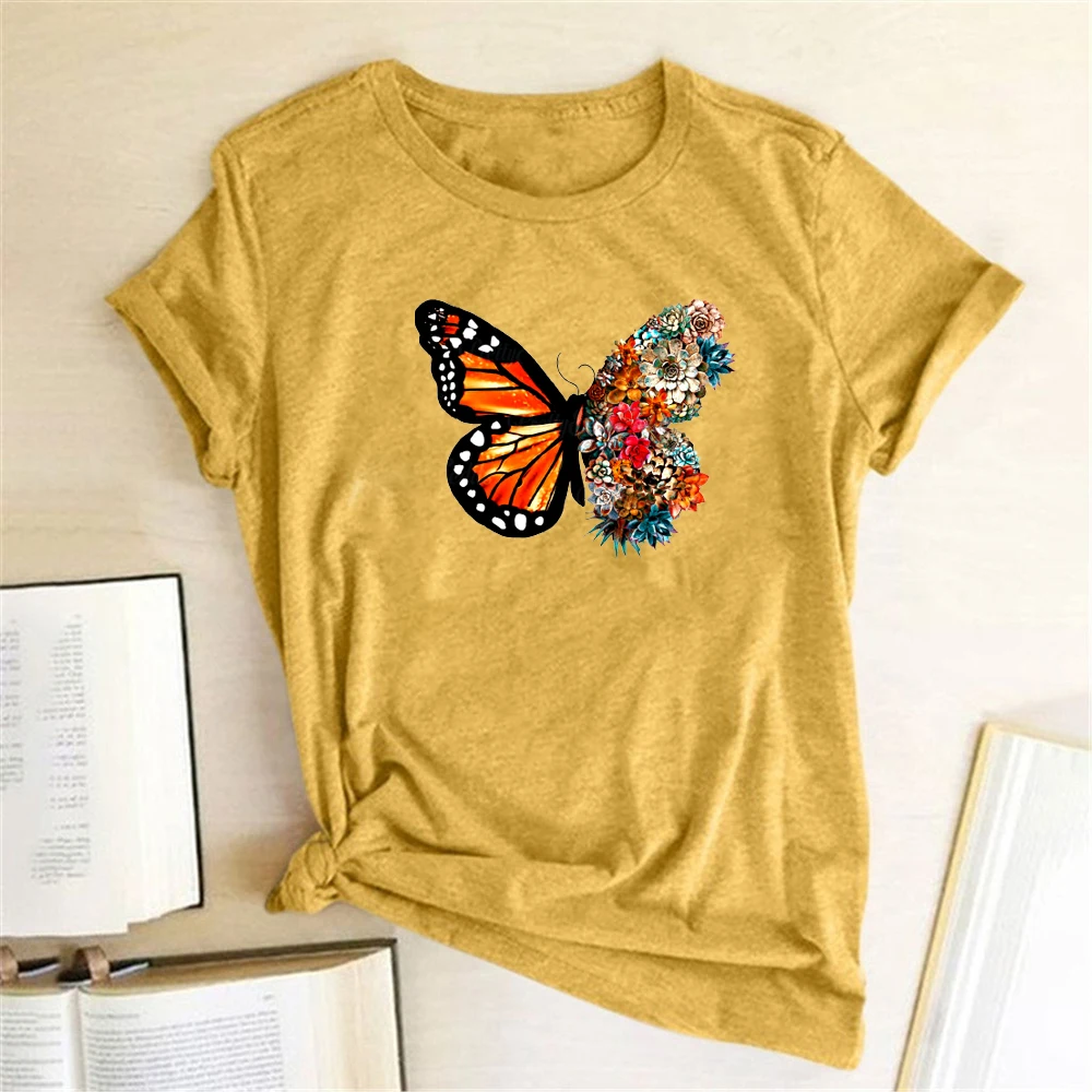

Butterfly Flowers Printing T-shirts Women Summer Clothes Tops for Girls Vogue Woman Tshirts Graphic Round Neck Camisetas Mujer