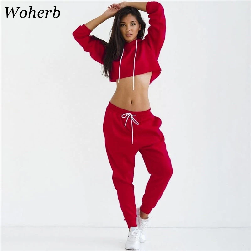 Woherb спортивный костюм женский повседневный комплект из двух предметов укороченный Топ Толстовка с капюшоном+ брюки женские спортивные костюмы женский комплект 20731