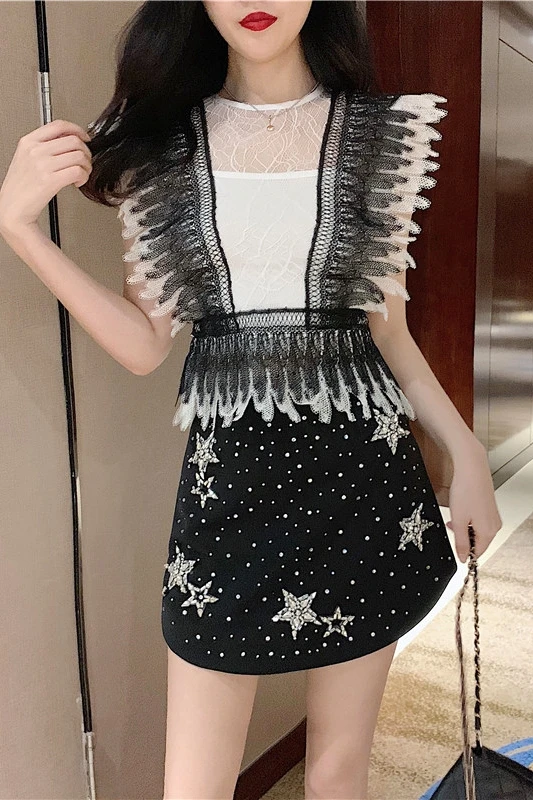 Женский комплект из 2 предметов блузка без рукавов с кружевной отделкой и