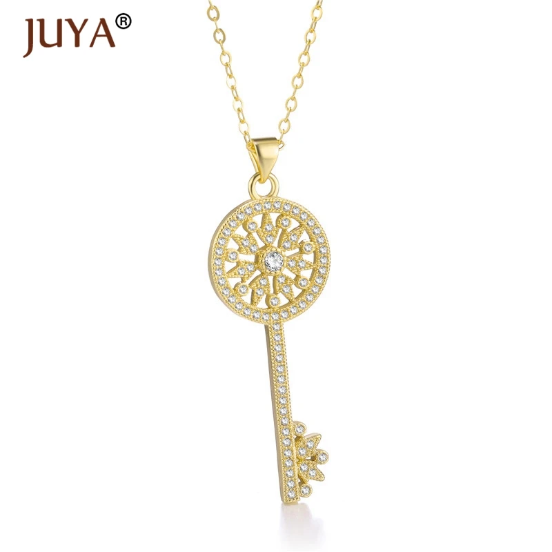 fashion statement necklaces for women Luxury Jewelry Copper Zircon Rhinestone Key Pendants Necklace Silver Femme
