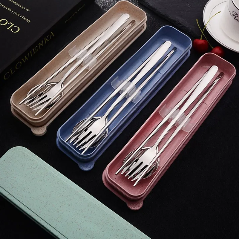 

New Wheat Portable Tableware Set Student 304 Stainless Steel Fork Spoon Chopsticks Three Piece Set Gift Factory Wholesale