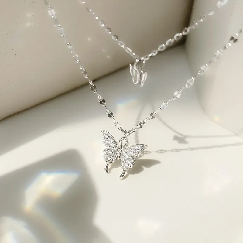 

2021 Butterfly Double Necklace Ladies Light Luxury Ins Rhinestone Design Sense Niche Temperament Cold Wind Clavicle Chain