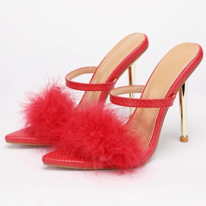 

Fashion Women Sandals Sexy Open Toe Women's Shoes Furry Fur Summer High-Heeled Sandals Red Black Ladies Wedding Stripper Shoes