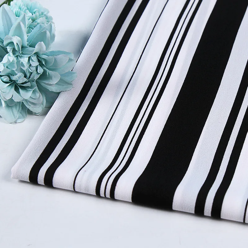 

New 80D High Elastic Hemp Printing Fabric Soft Black and White Vertical Stripes Chiffon Dress Pants Fabric
