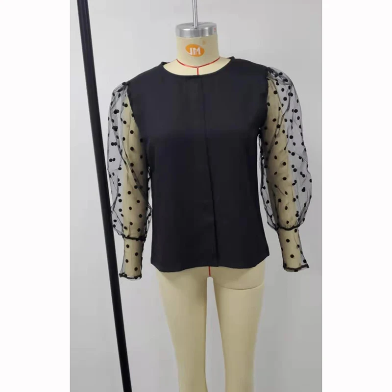 Однотонная женская элегантная блузка в горошек с круглым вырезом и