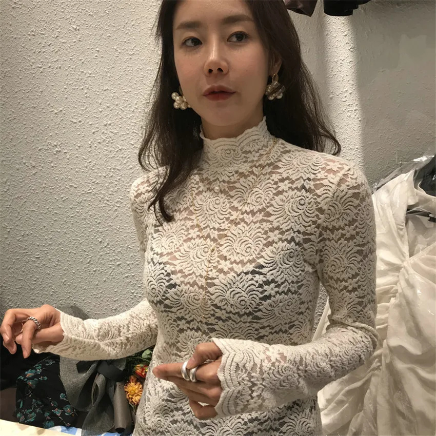 Осенняя и зимняя футболка высокая эластичная тонкая кружевная рубашка с узором