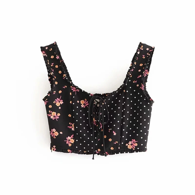 

Vintage Chic Floral Dot Printed Bow Lace-up Cropped Blouses Women Fashion Square Collar Strap Shirts Girls Chic Tops