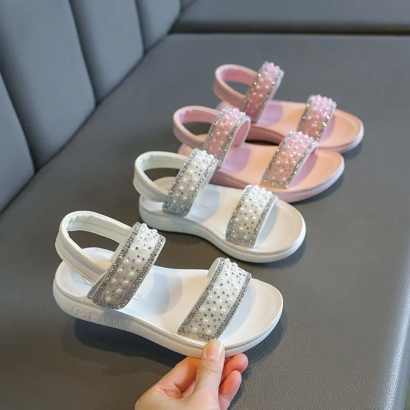 

Summer Fashion Rhinestones Child Sandals Princess Girl Shoes Children Flat Shoes for Kids Soft Leather Pearl Beach Sandals 3-12