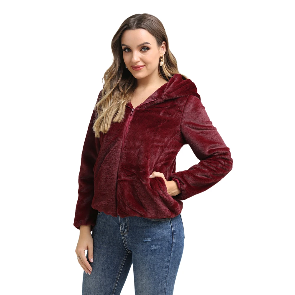 

Elegant Pink Shaggy Women Faux Fur Coat Streetwear Autumn Winter Warm Casual Hooded Female Overcoat Party