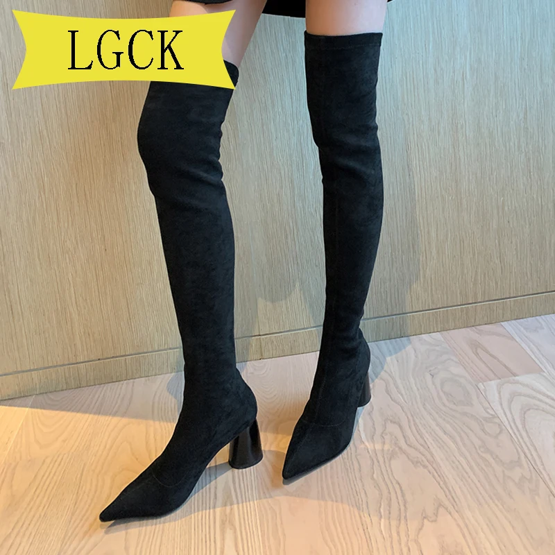 

Big Size 34-43 New Black Stretch Fabric Woman Long Boots Knee High Boots Square Beige Heeled Pointy Sexy Elasticity Boots Autumn
