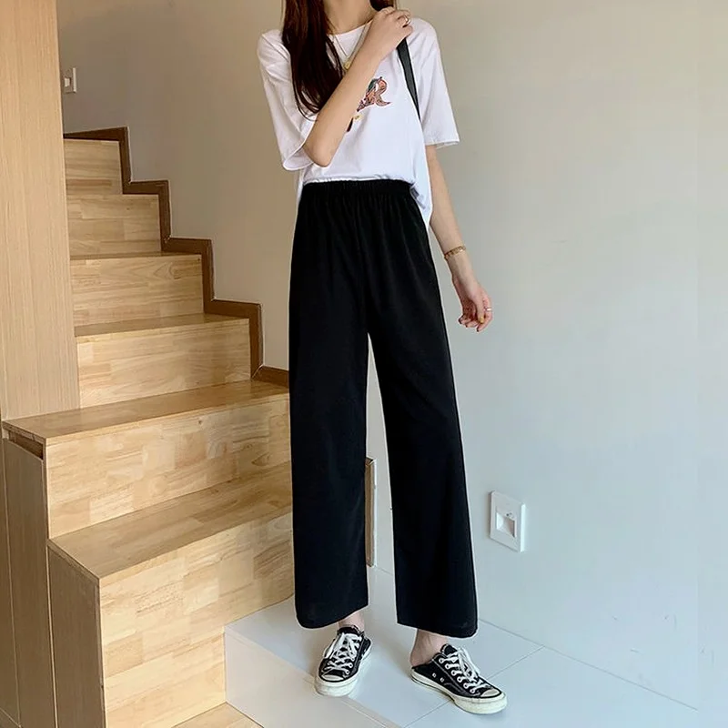 

Black Straight Pants Female High Waist Student's Capris Spring Summer Wide Leg Pants Korean Loose Drape Suit Casual Pants