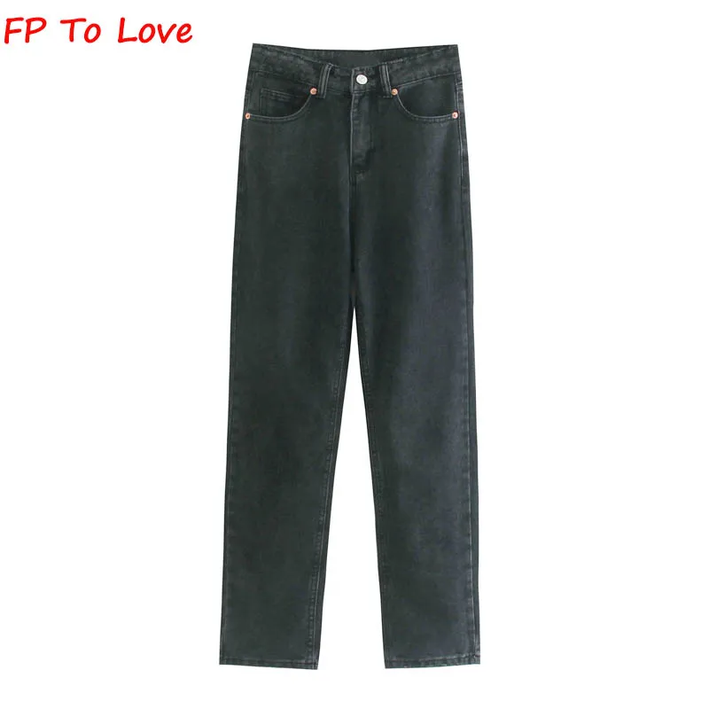 

FP To Love Woman Casual Mom Jeans 2021FW Autumn Spring Zipper Black Long Ripped Loose Trousers