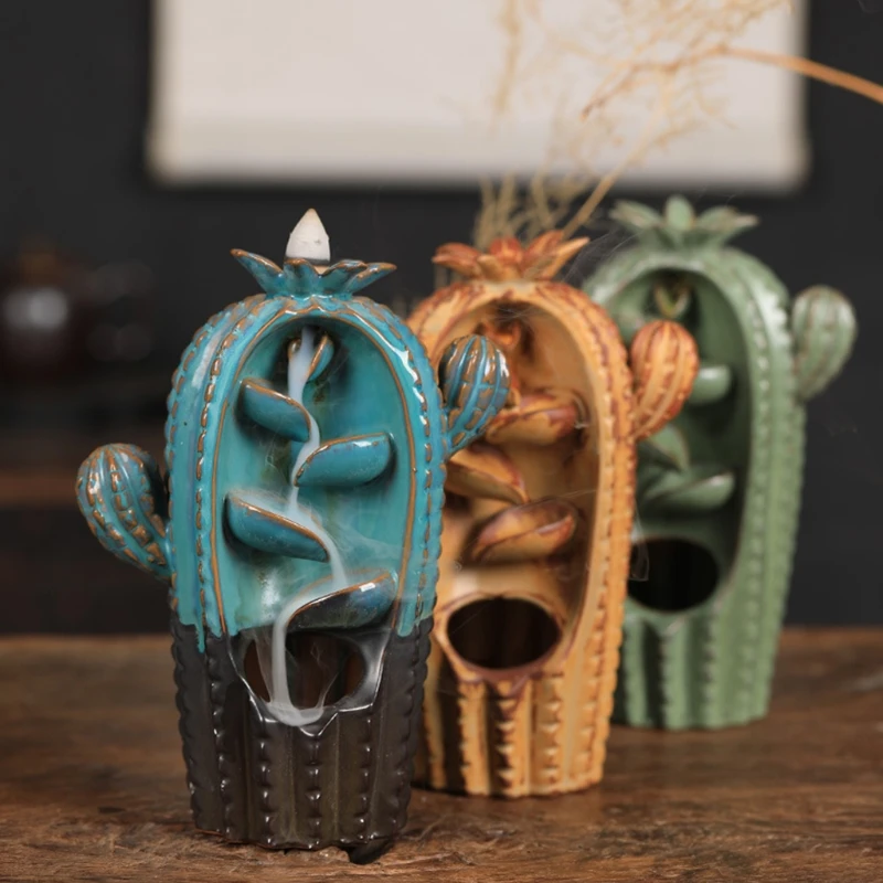 Backflow Incense Burner for Incense Igniting Storage Home Bedroom Decoration Cactus Backflow Incense Burner Ceramic