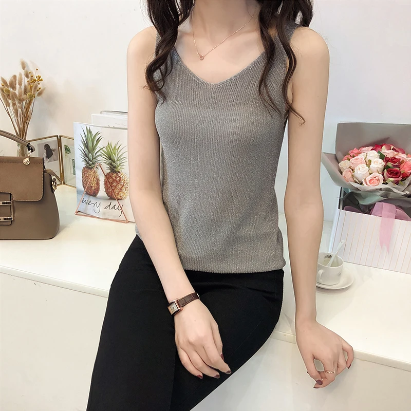 Женская Блестящая майка с V образным вырезом без рукавов|Майки| |