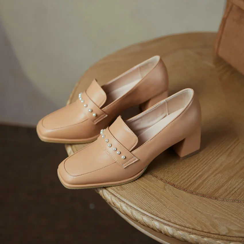 

Fanyuan 2021 Square Toe Spring Autumn Female Pumps String Bead Microfiber All Match Women Shoes Square High Heels Big Size 31-48