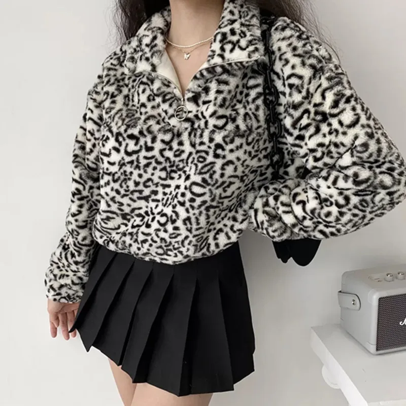 

WOMENGAGA Korean Fashion Half Open Collar Long Sleeve Leopard Print Tops Winter Loose Drawstring Plush Sweatshirt EU8C