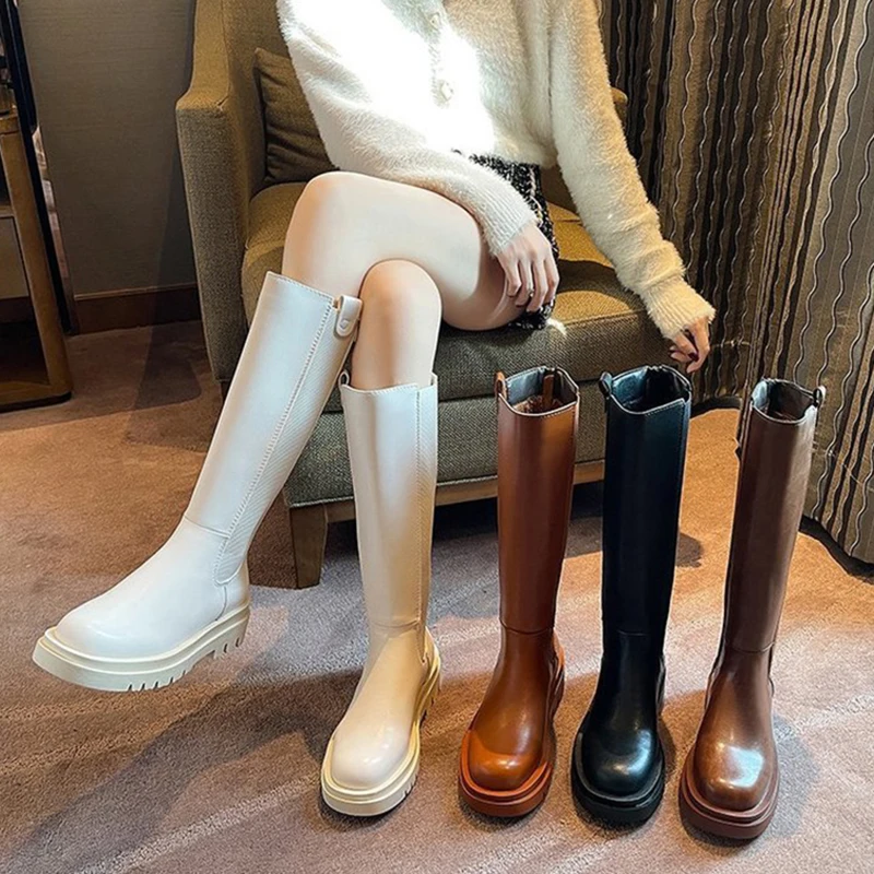 New Women Knee High Boots Winter Luxury Chelsea Boots Platform Shoes Fashion Chunky Heel Long Boots Zipper Round Toe Women Shoes