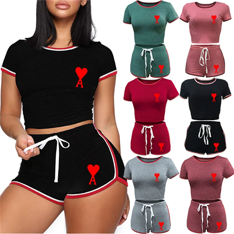 

2021 Summer Women Sports Short Sleeve Suit Clothing Sexy Fitness Running 2 Pieces Sets Tight Buttock Plus Size Tracksuit