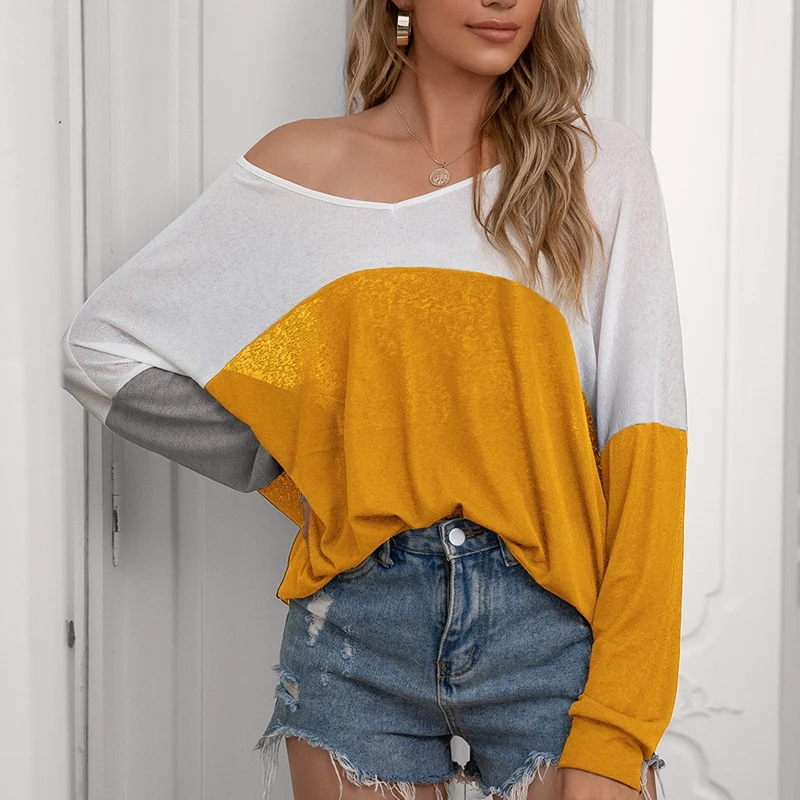 

Spring Ladies Casual Loose Contrast Color Stitching Top Fashion Long-Sleeved T-Shirt Tops