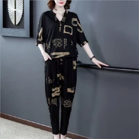 sets for women summer 2020 new fashion casual two piece set female short sleeve top harem pants suit mom v neck print loose