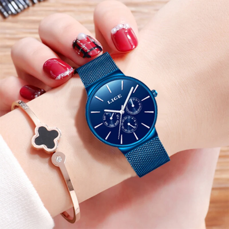 Часы женские кварцевые со стальной сеткой синие водонепроницаемые 2019 - купить по