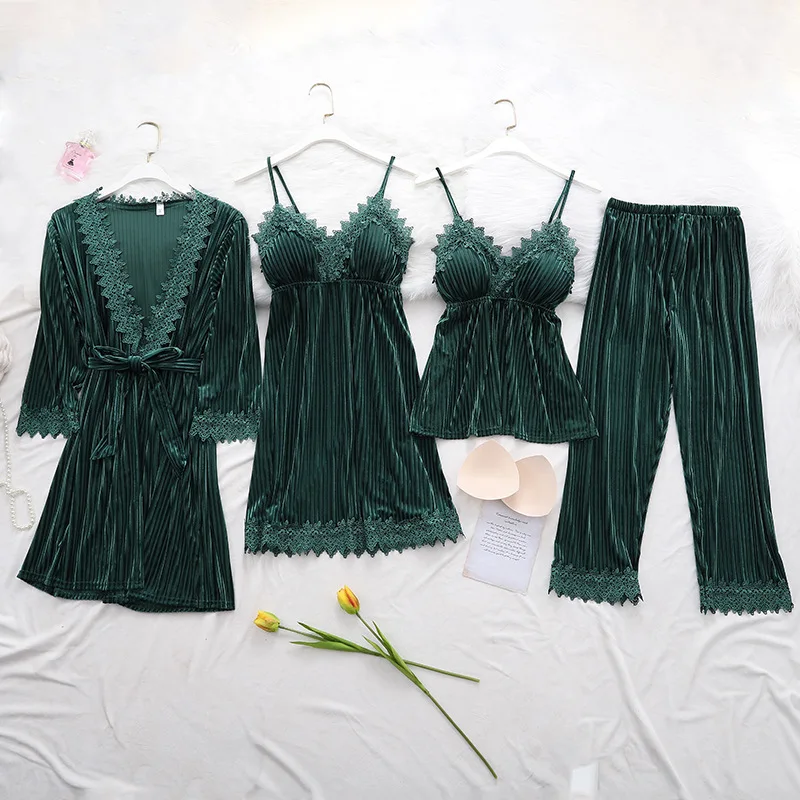 

Lace Sexy Velour 4PCS Robe Set Autumn New Sleepwear Burgundy Pajamas Suit Intimate Lingerie Female Home Clthing Velvet Sleepwear