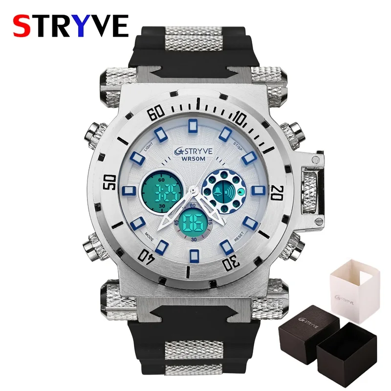 Silver White Box Модные мужские военные спортивные часы, мужские s светодиодный цифровой водонепроницаемый кварцевые часы, мужские часы с большим циферблатом и двойным дисплеем, мужские часы - Цвет: Silver White Box