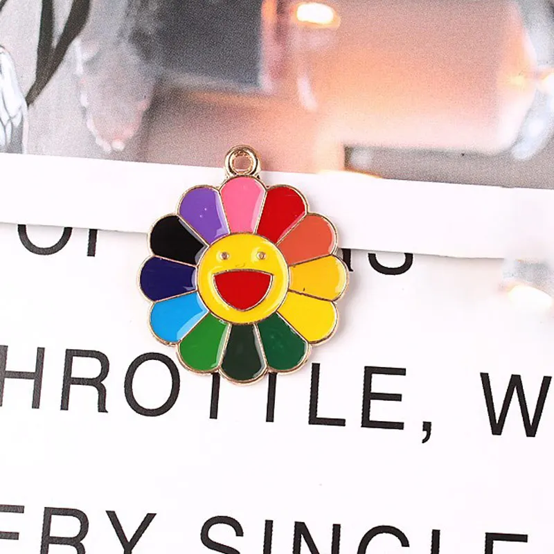 

6pcs Smiley Face Sunflower Enamel Charms Oil Drop Flowers Pendants For Women DIY Jewelry Bracelet Earring Accessory