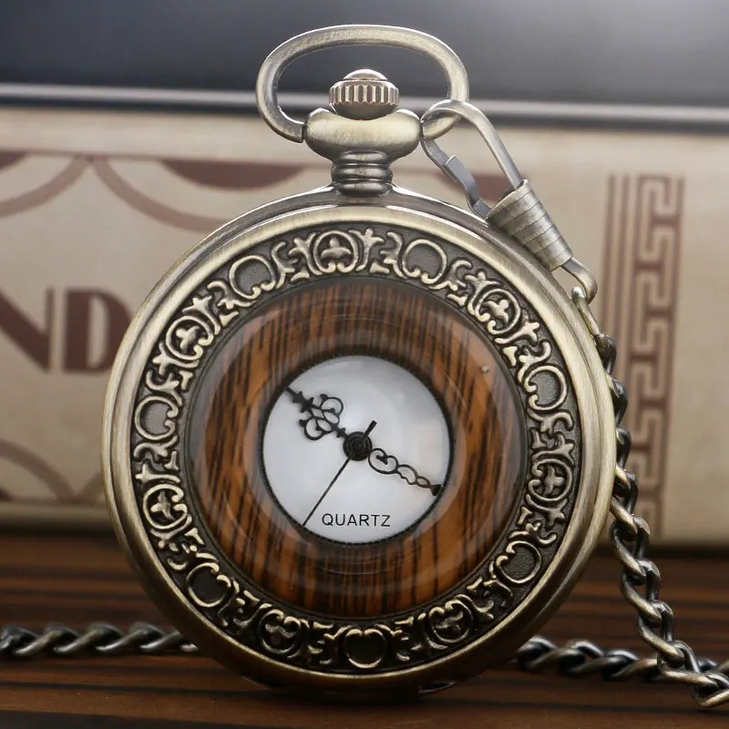 

Vintage Wood Round Case Pocket Watch Luxury Quartz Analog Half Hunter for Men Women Fob Wooden Watch with Chain Top Gift2021