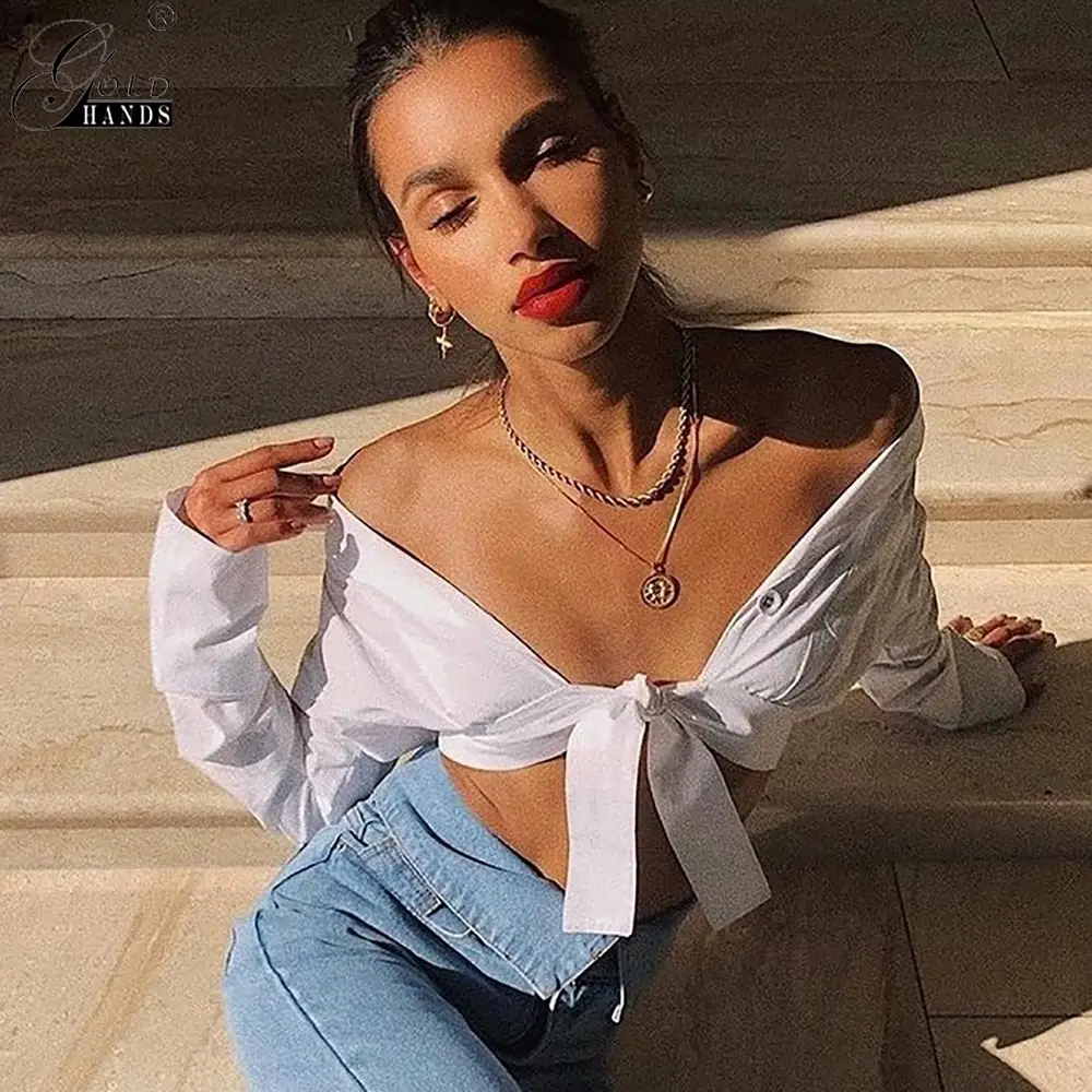 Золотые руки сексуальные белые с длинным рукавом Женские рубашки на шнуровке