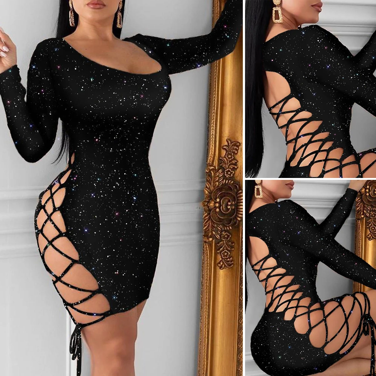 

Women Hollow-out Mini Bandage Dress Long Sleeve O-neck Low Cut Glitter Bodycon Dress For Summer New Style 2021
