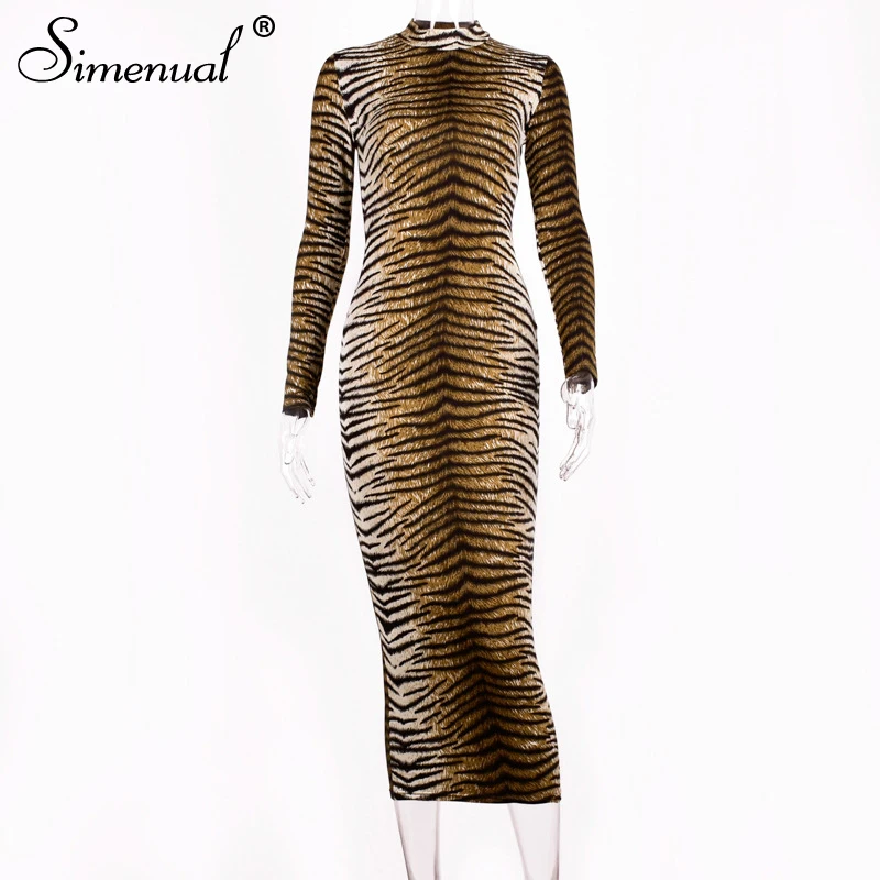 

Simenual Sexy Fashion Zebra Print Women Maxi Dresses Long Sleeve 2021 Autumn Skinny Party Clubwear Hot Bodycon Dresses Slim Sale