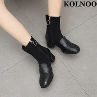 kolnoo new arrival women block heel black boots patchwork leather classic party dress ankle boots daily wear fashion prom shoes