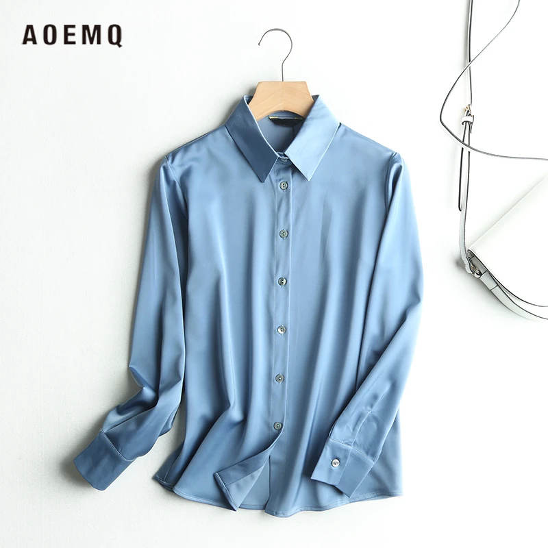 AOEMQ 4 цвета Женская атласная однотонная Классическая рубашка с отложным