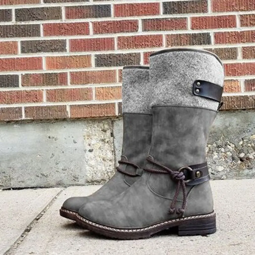 

BIG SALE!Women Mid-Calf Boots Round Toe Low-Heeled Non-Slip Boots Female Motorcycle Boots Buckle Strap Mid-Calf Boots 41 size