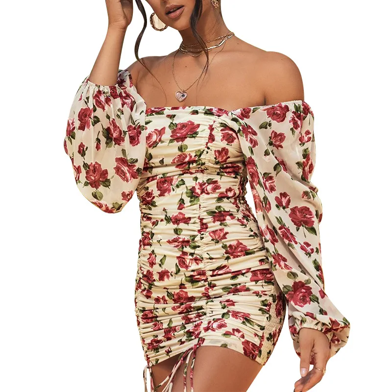 

Floral Print Bodycon Dress Spring Women Vintage Sexy Square Collar Long Sleeve Beach Party Dress Fashion Slim Flods Streetwear
