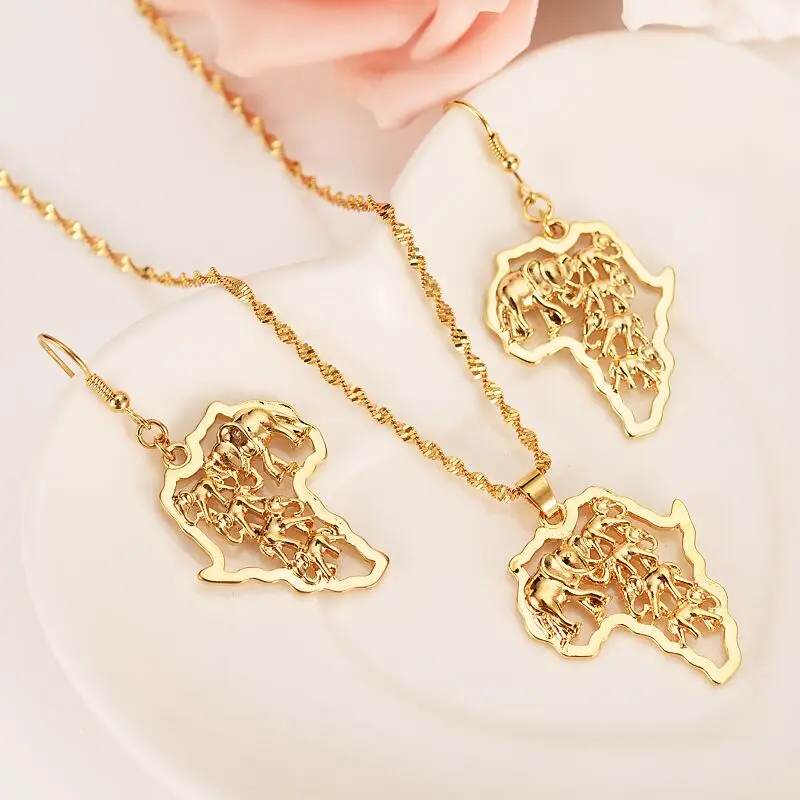 

Ethiopian Africa Map elephant Jewelry sets18 K Fine G/F Gold Jewelry Sets Statement Necklace Earrings Pendant African Wedding