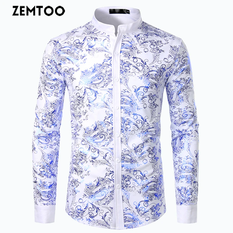 

ZEMTOO Men's Gold Bronzing Printed Shirt Nightclub Style Bar Top FD030