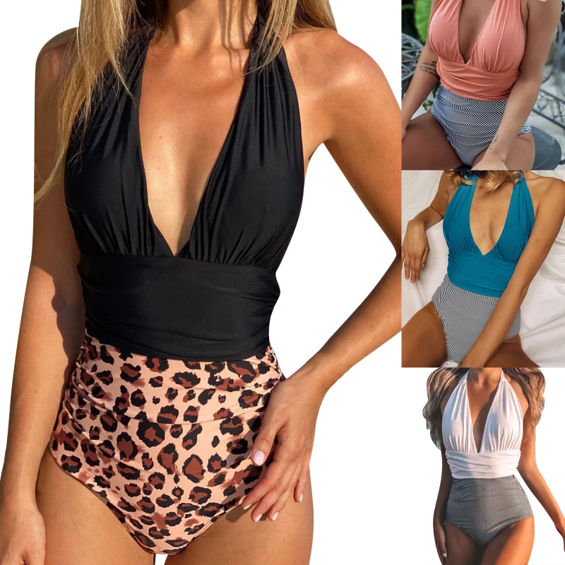 

Leopard Printed Lady Sexy Solid Siamese One Piece Swimsuit Swimwear Women Push Up Swimsuit Mid Waist Bikini 2021