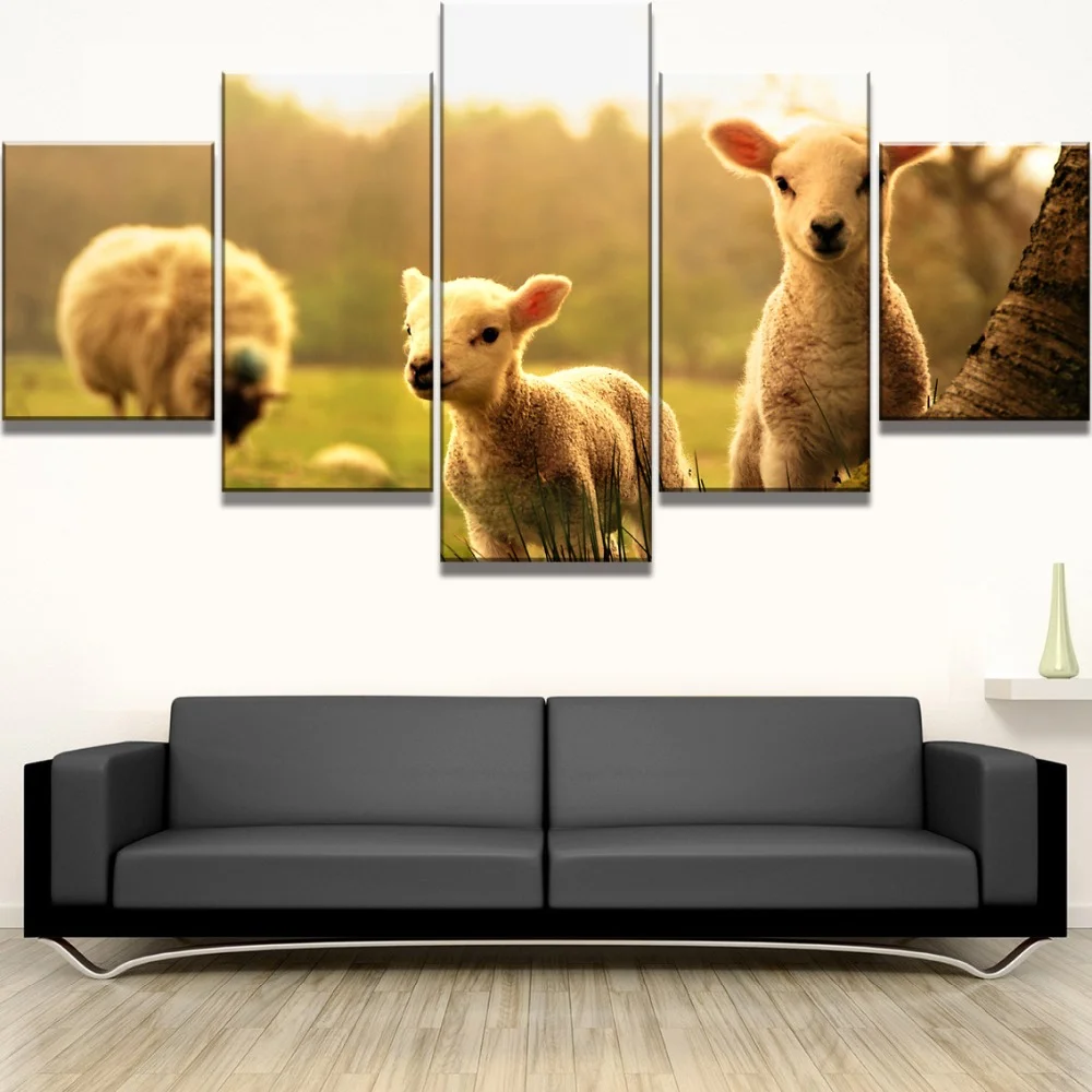 Картины на холсте 5 шт. HD печать большой закат флок овечка животные украшение для