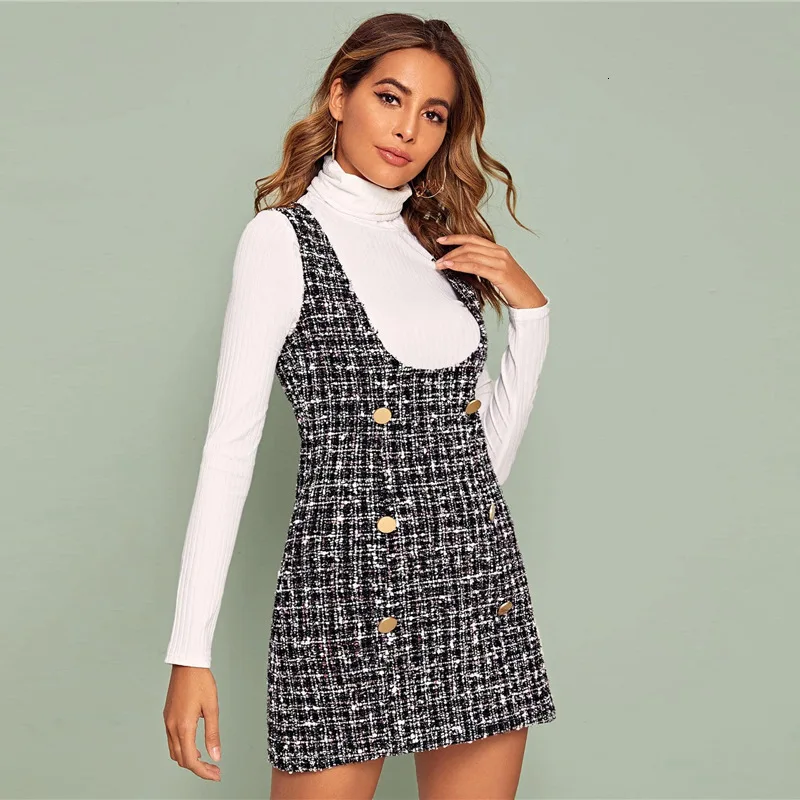 Разноцветное твидовое короткое платье с двумя пуговицами женское осеннее тонкое